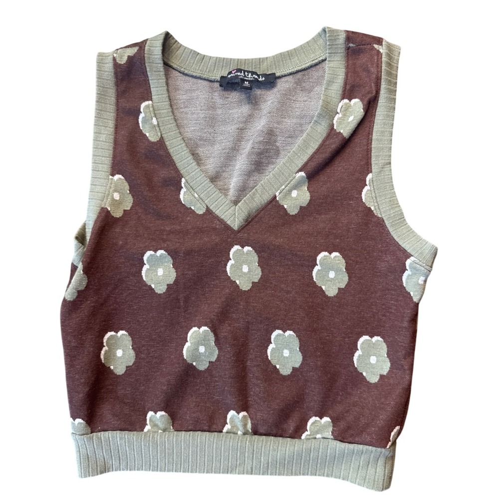 Mixed Threads Floral Sweater Vest Women Medium Brown Sage Green V-Neck Excellent
